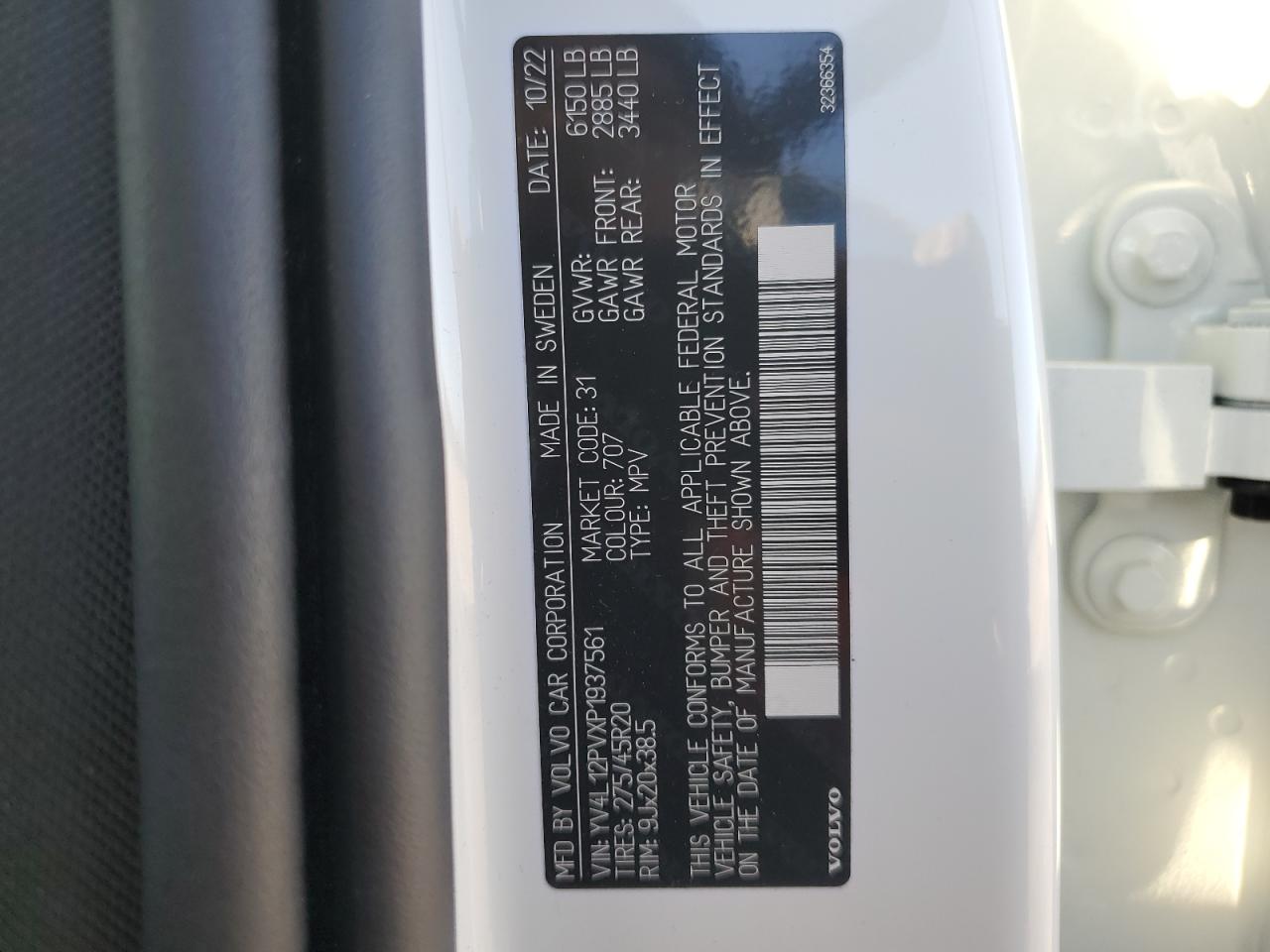 2023 VOLVO XC90 CORE VIN:YV4L12PVXP1937561