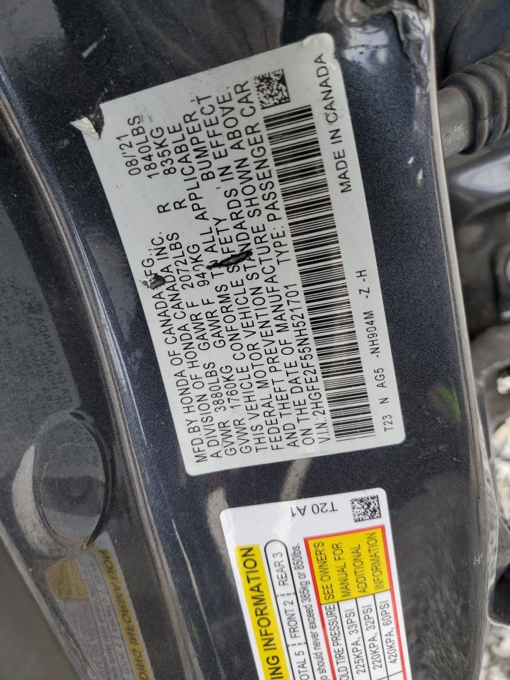 2022 HONDA CIVIC SPORT VIN:2HGFE2F55NH521701