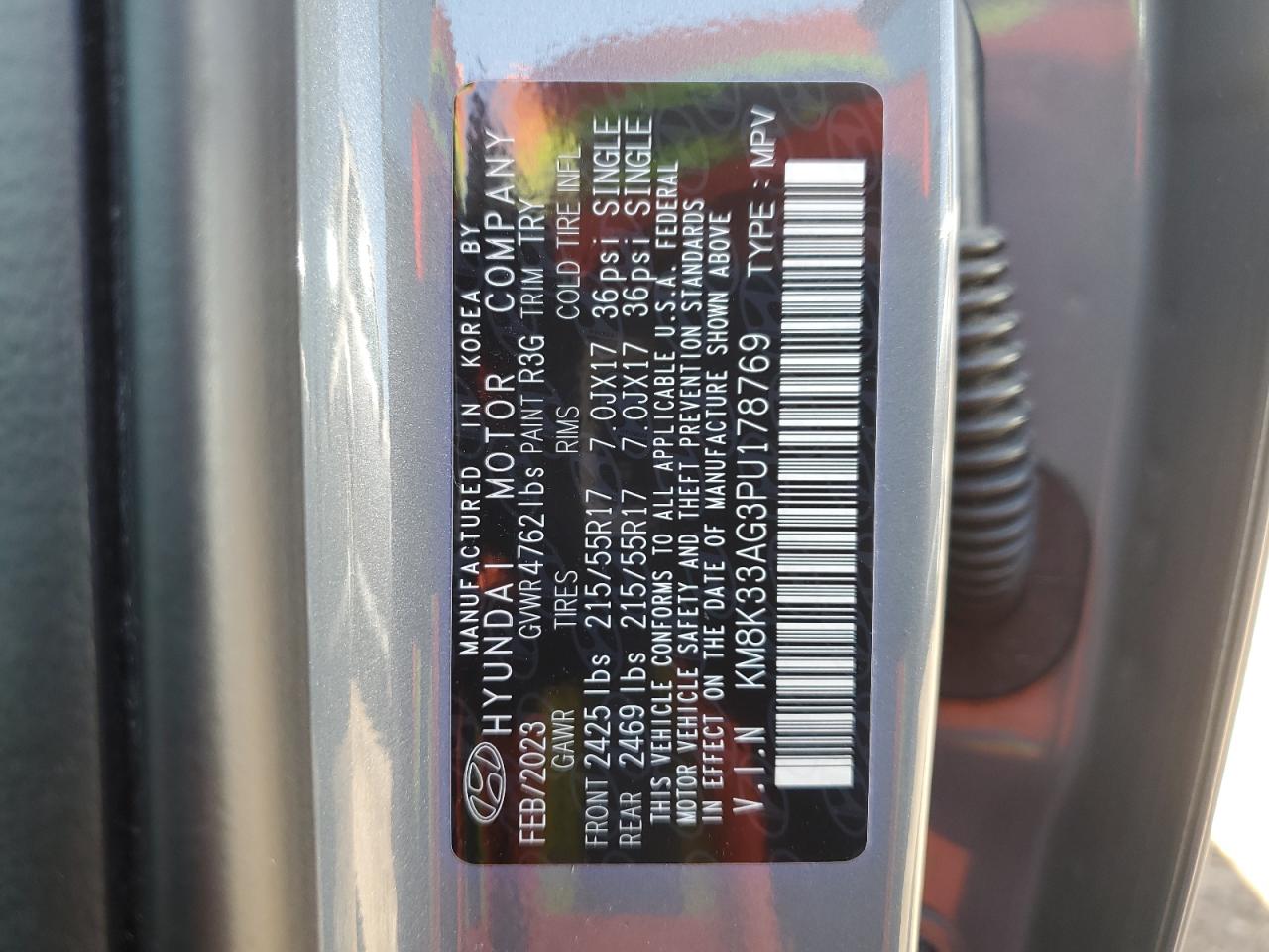 2023 HYUNDAI KONA SEL VIN:KM8K33AG3PU178769