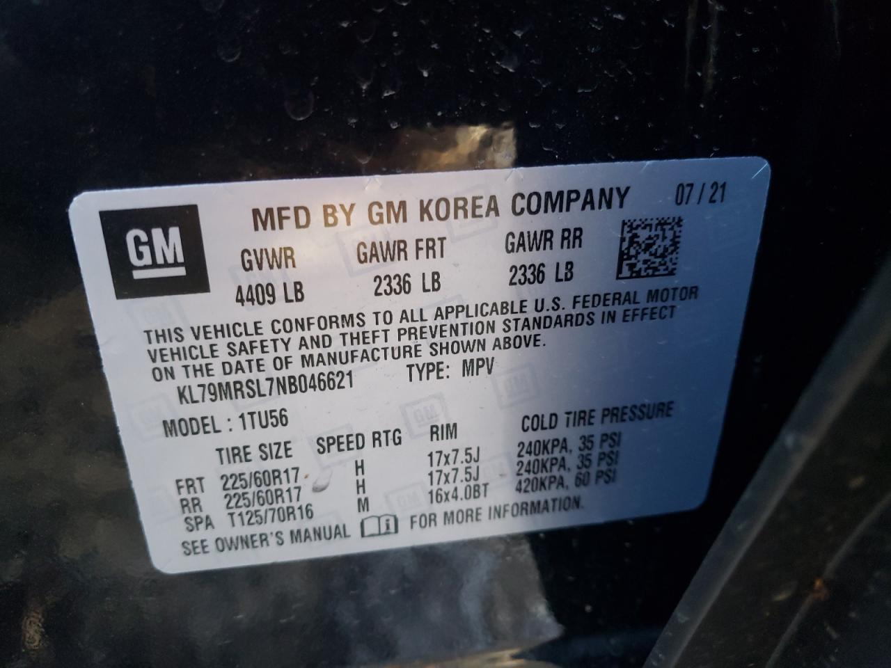 2022 CHEVROLET TRAILBLAZER LT VIN:KL79MRSL7NB046621