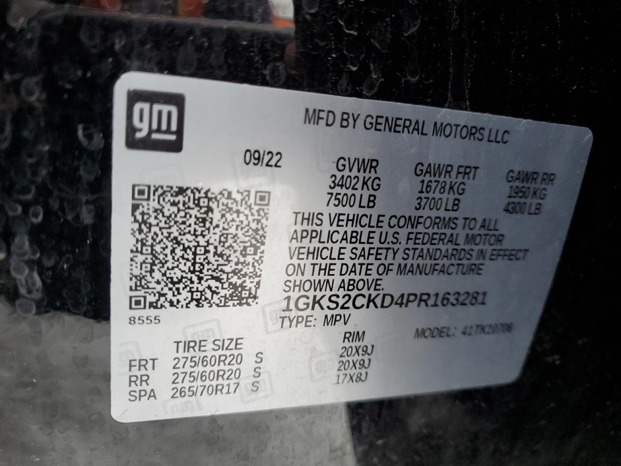 2023 GMC YUKON AT4 VIN:1GKS2CKD4PR163281