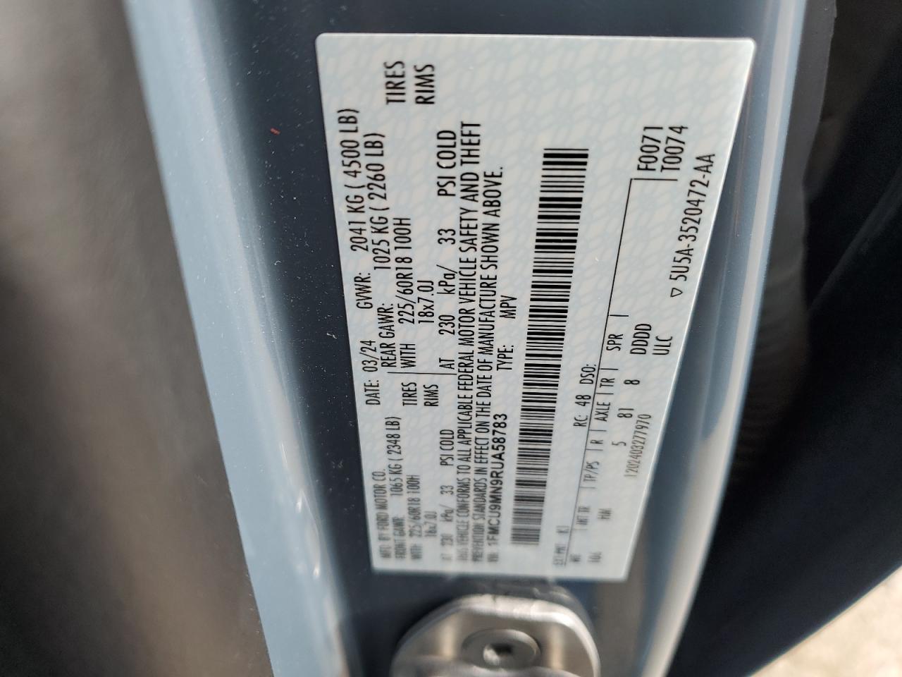 2024 FORD ESCAPE ST LINE VIN:1FMCU9MN9RUA58783
