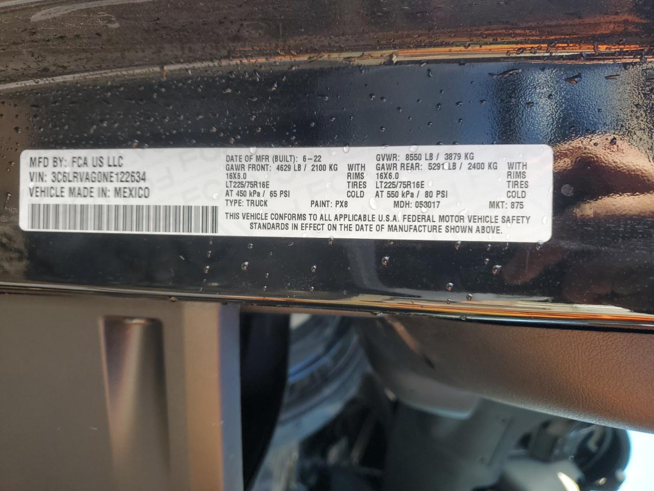2022 RAM PROMASTER 1500 1500 STANDARD VIN:3C6LRVAG0NE122634
