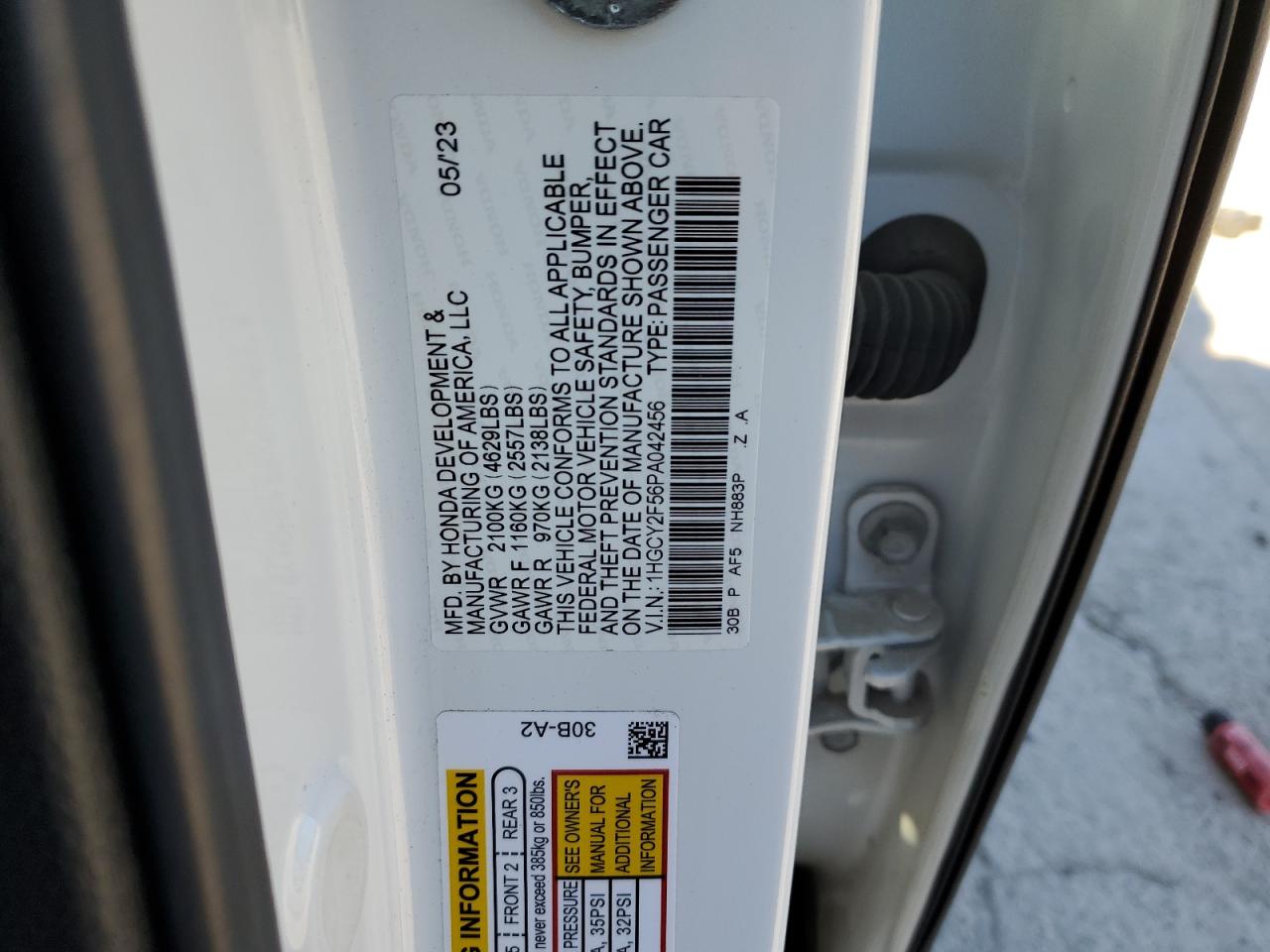 2023 HONDA ACCORD HYBRID SPORT VIN:1HGCY2F56PA042456