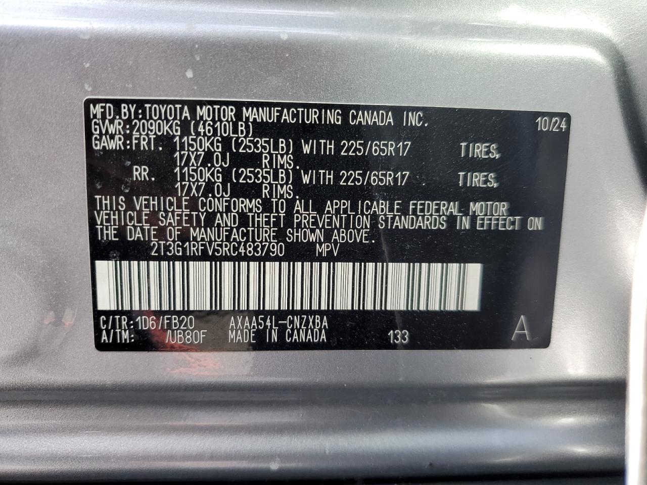 2024 TOYOTA RAV4 LE VIN:2T3G1RFV5RC483790