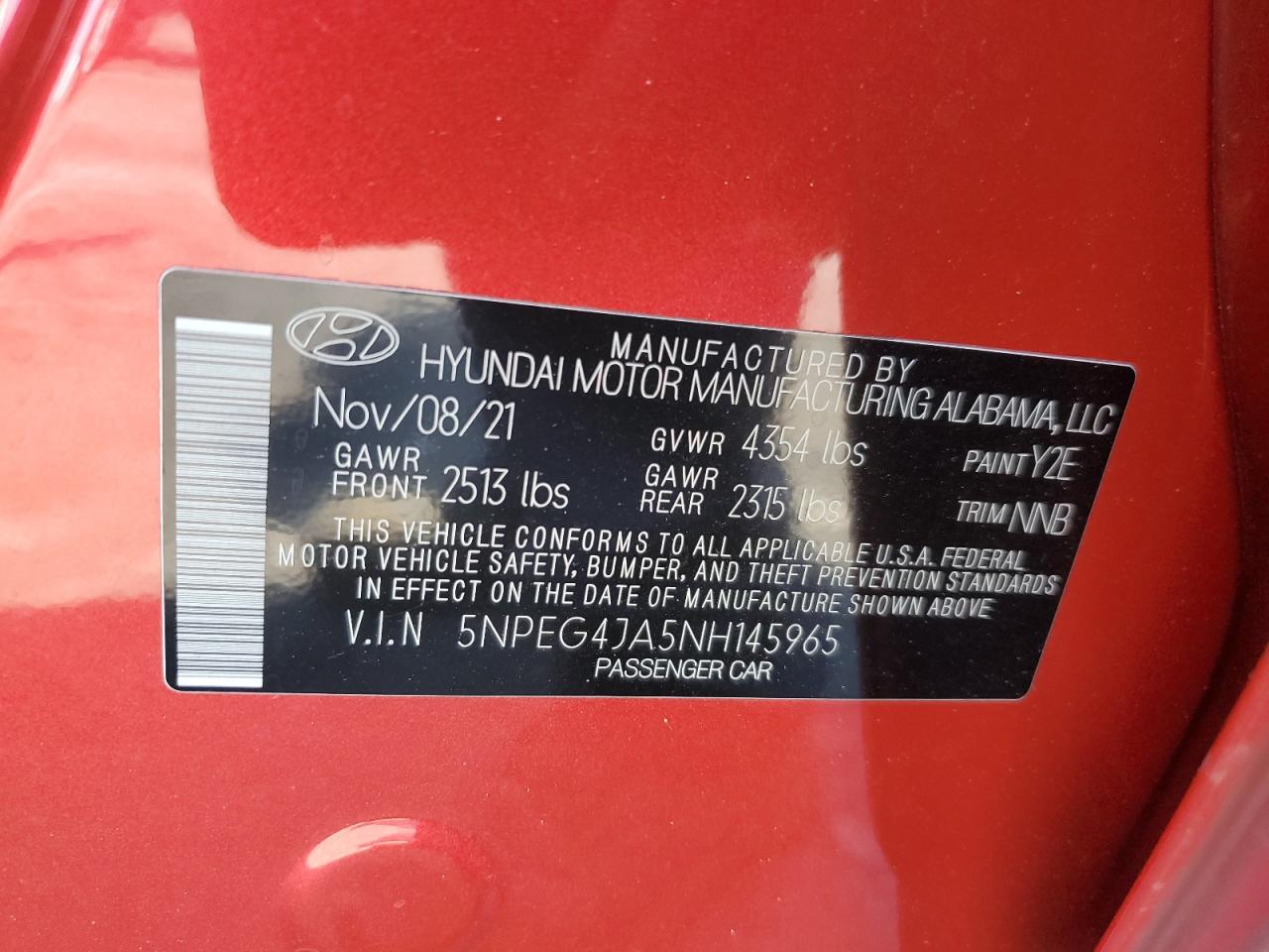 2022 HYUNDAI SONATA SE VIN:5NPEG4JA5NH145965