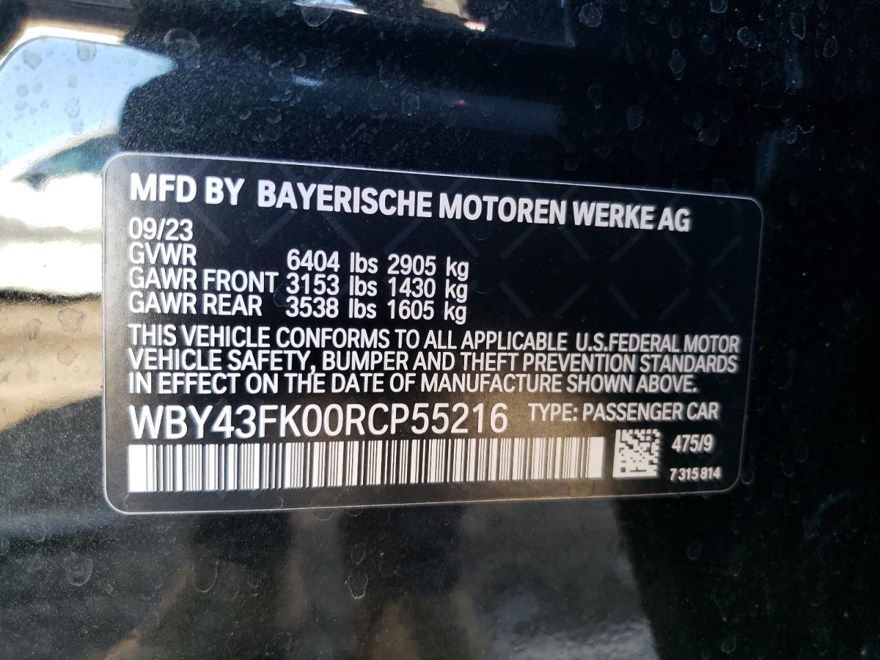 2024 BMW I5 M60 VIN:WBY43FK00RCP55216