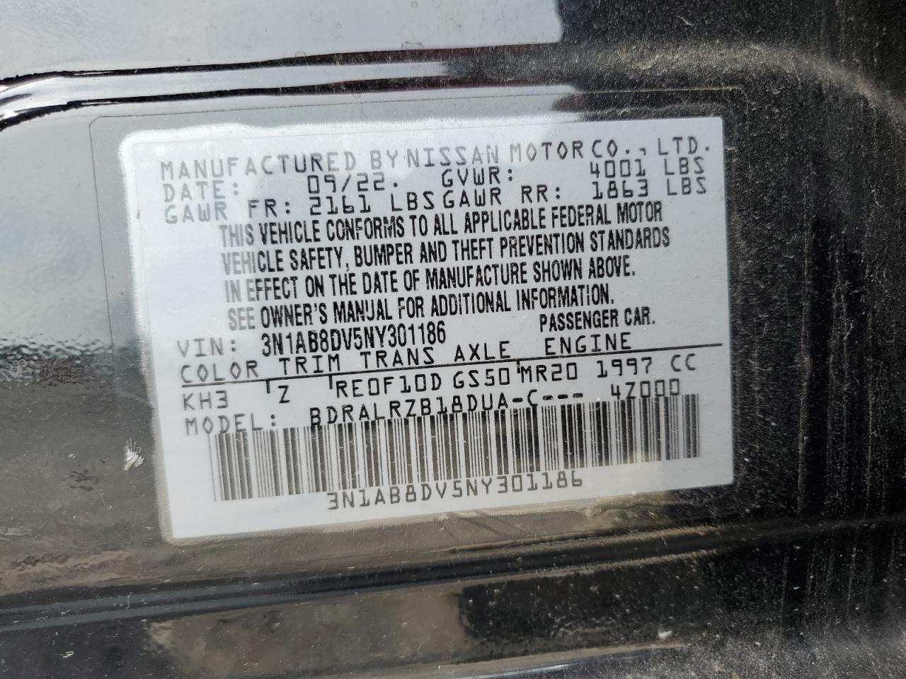 2022 NISSAN SENTRA SR VIN:3N1AB8DV5NY301186