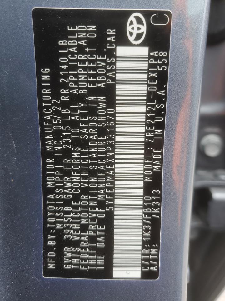 2022 TOYOTA COROLLA LE VIN:5YFEPMAEXNP331670