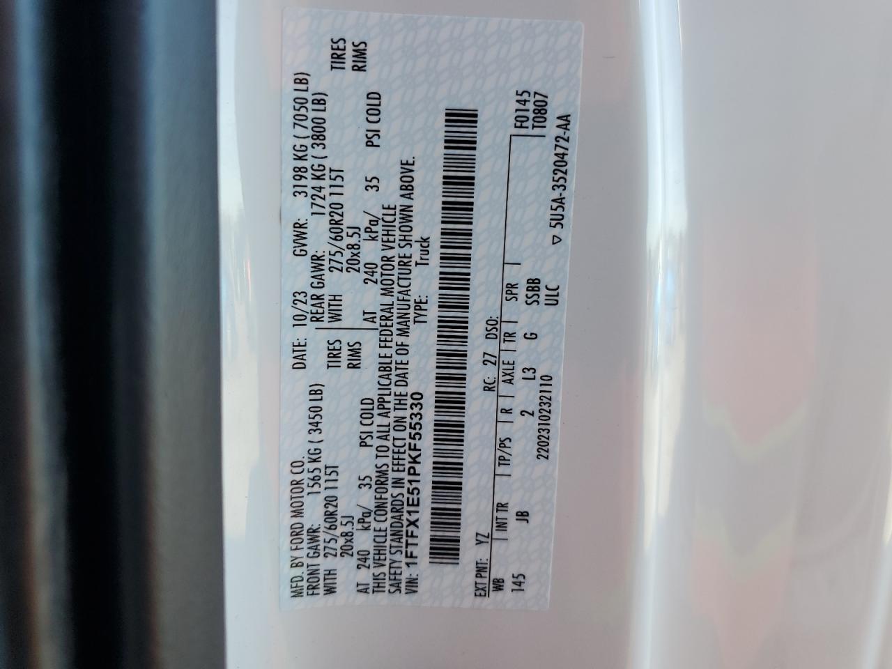 2023 FORD F150 SUPER CAB VIN:1FTFX1E51PKF55330