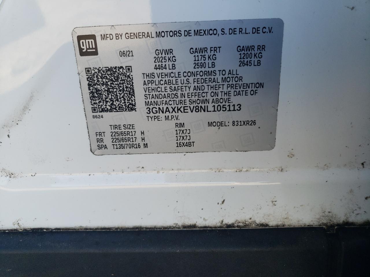 2022 CHEVROLET EQUINOX LT VIN:3GNAXKEV8NL105113