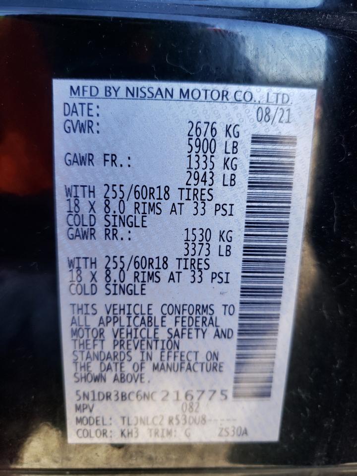 2022 NISSAN PATHFINDER SV VIN:5N1DR3BC6NC216775