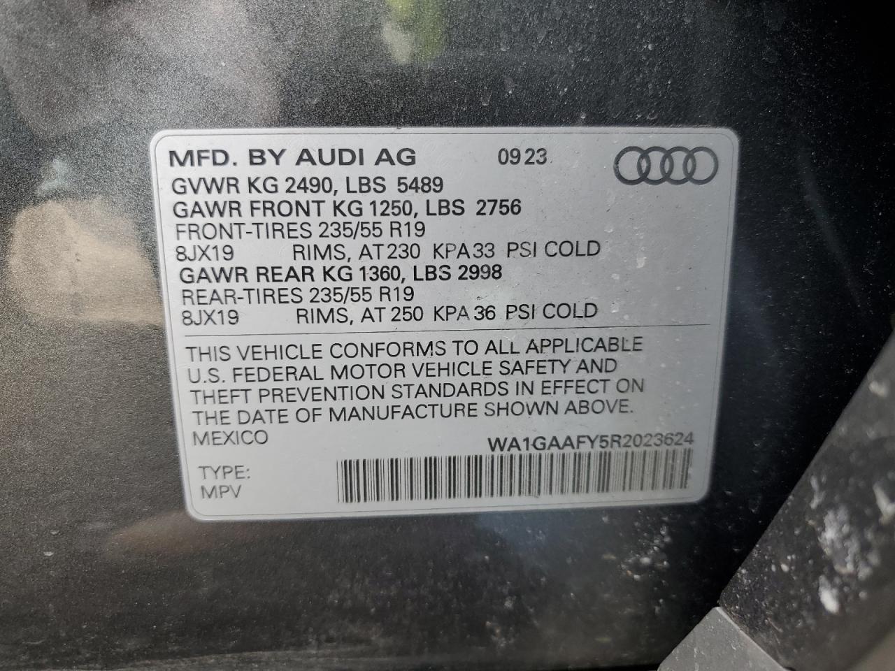 2024 AUDI Q5 PREMIUM 45 VIN:WA1GAAFY5R2023624