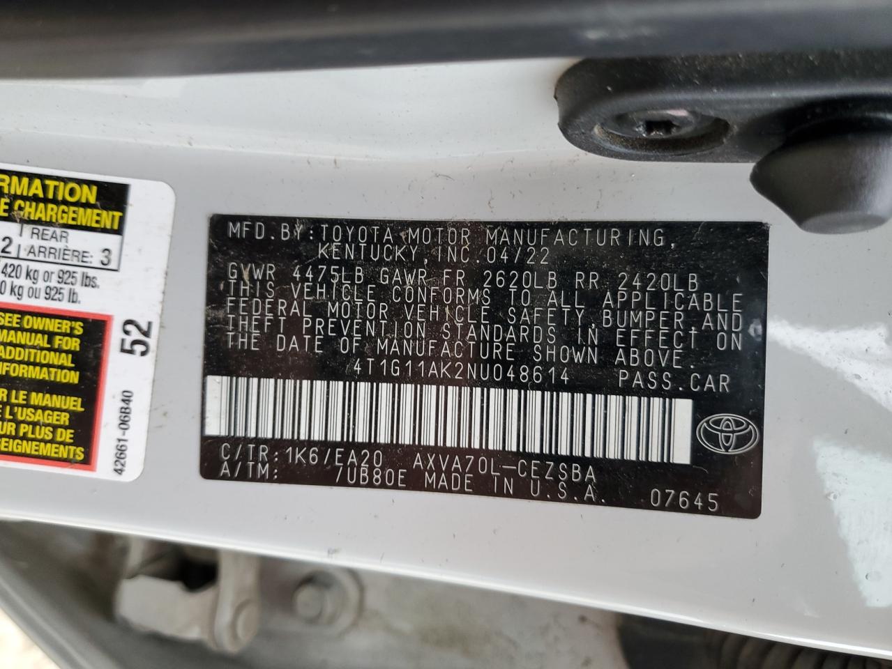 2022 TOYOTA CAMRY SE VIN:4T1G11AK2NU048614