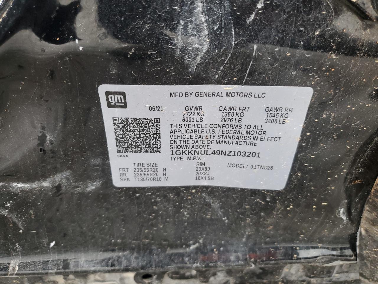 2022 GMC ACADIA SLT VIN:1GKKNUL49NZ103201