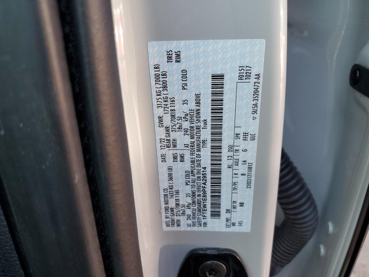 2023 FORD F150 SUPERCREW VIN:1FTEW1E89PFA29514