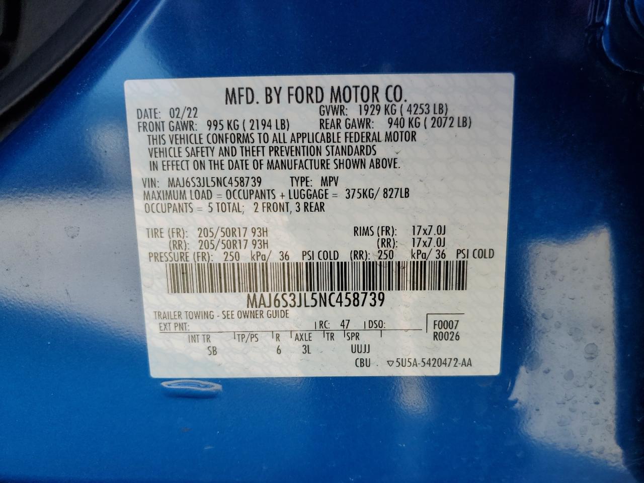 2022 FORD ECOSPORT SES VIN:MAJ6S3JL5NC458739