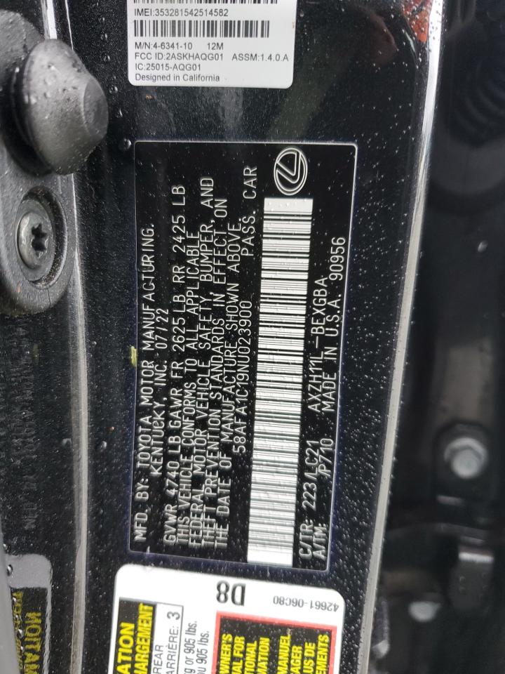 2022 LEXUS ES 300H BASE VIN:58AFA1C19NU023900