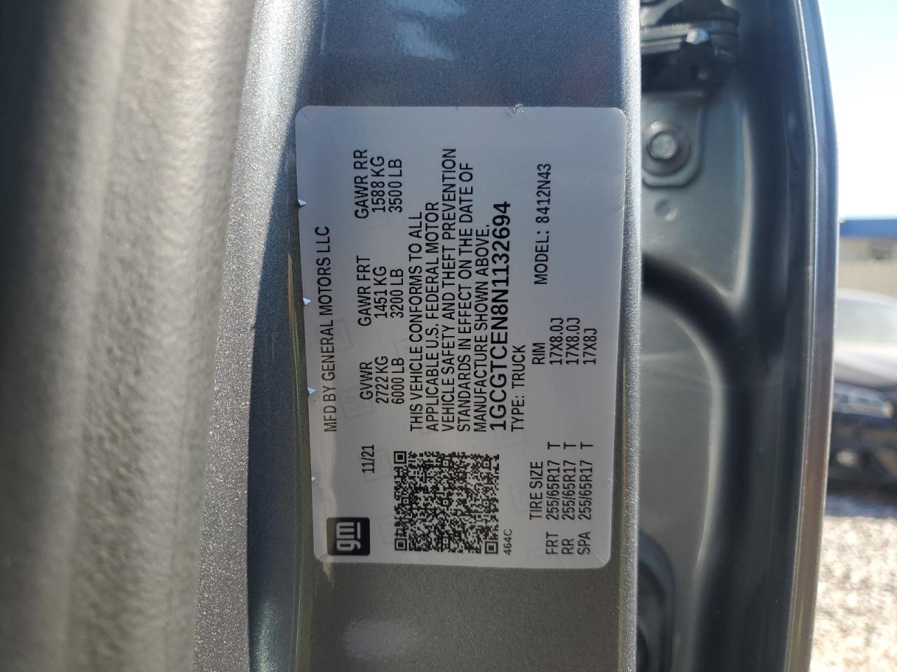 2022 CHEVROLET COLORADO LT VIN:1GCGTCEN8N1132694