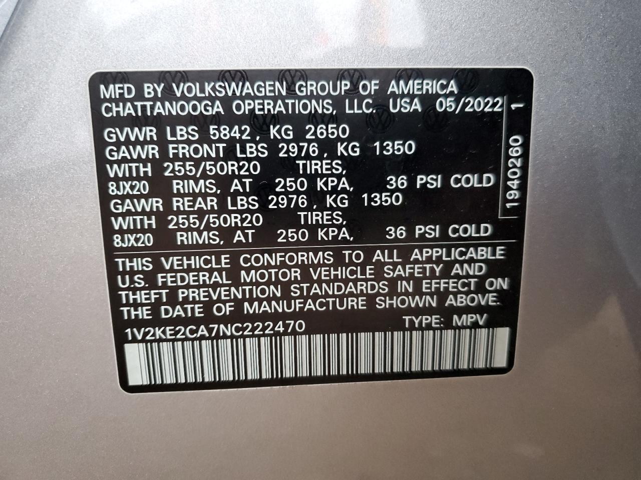 2022 VOLKSWAGEN ATLAS CROSS SPORT SE VIN:1V2KE2CA7NC222470