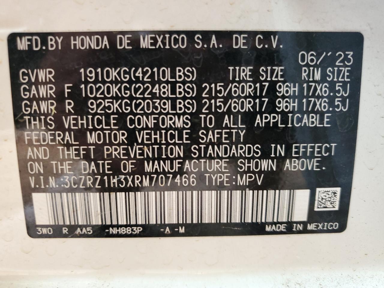 2024 HONDA HR-V LX VIN:3CZRZ1H3XRM707466