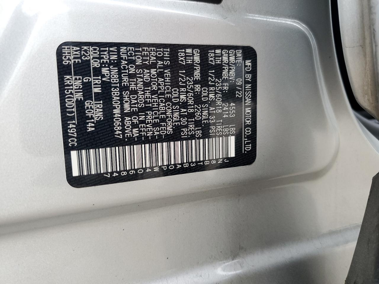 2023 NISSAN ROGUE SV VIN:JN8BT3BA0PW406847