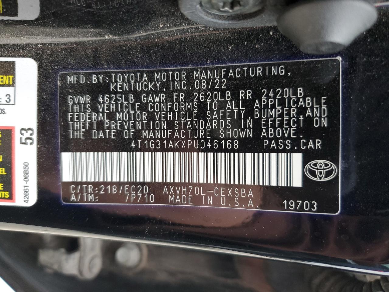 2023 TOYOTA CAMRY SE NIGHT SHADE VIN:4T1G31AKXPU046168