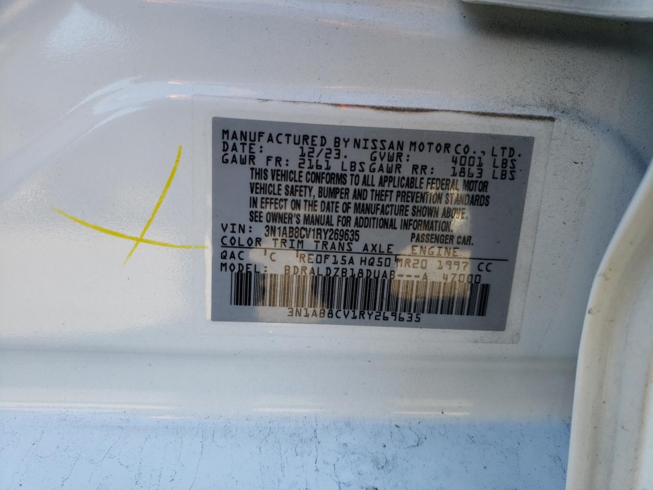 2024 NISSAN SENTRA SV VIN:3N1AB8CV1RY269635