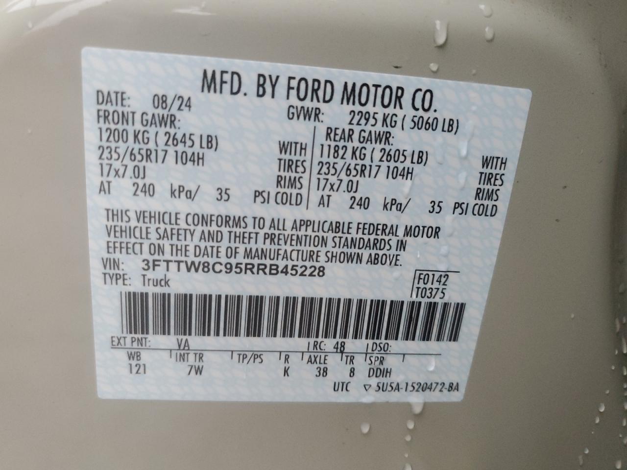 2024 FORD MAVERICK XLT TREMOR VIN:3FTTW8C95RRB45228