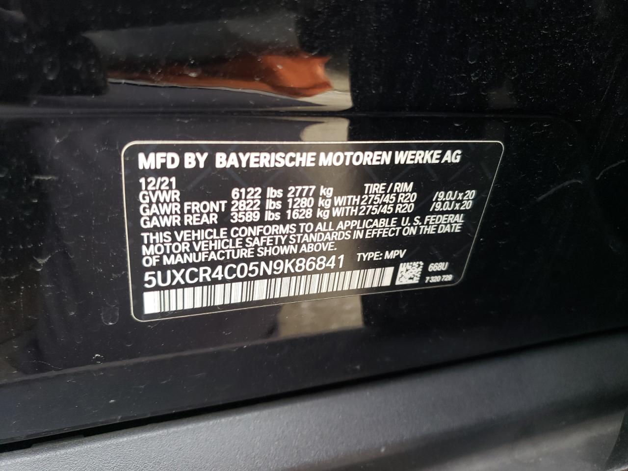 2022 BMW X5 SDRIVE 40I VIN:5UXCR4C05N9K86841