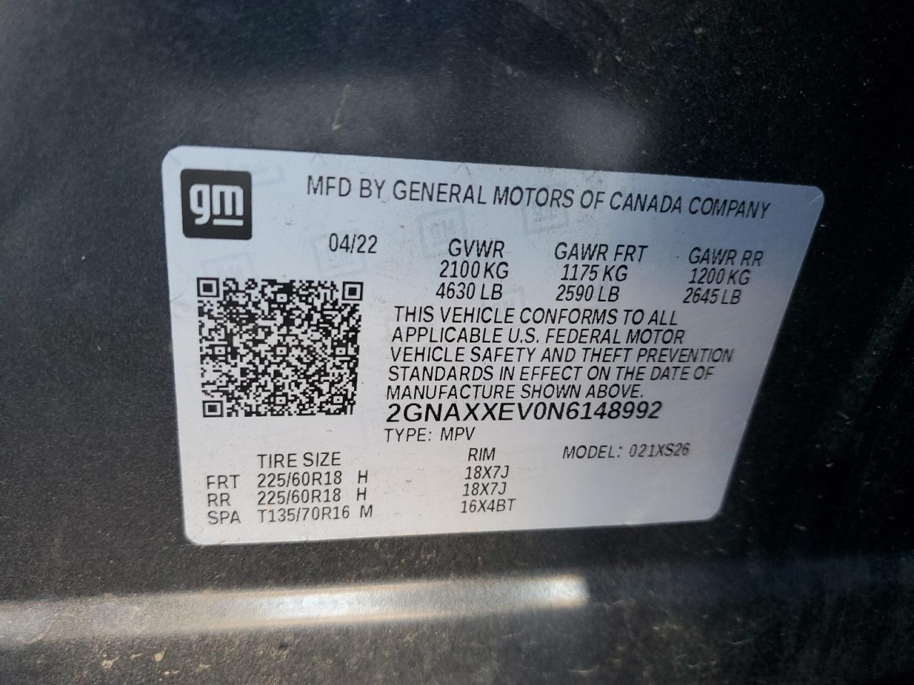 2022 CHEVROLET EQUINOX PREMIER VIN:2GNAXXEV0N6148992