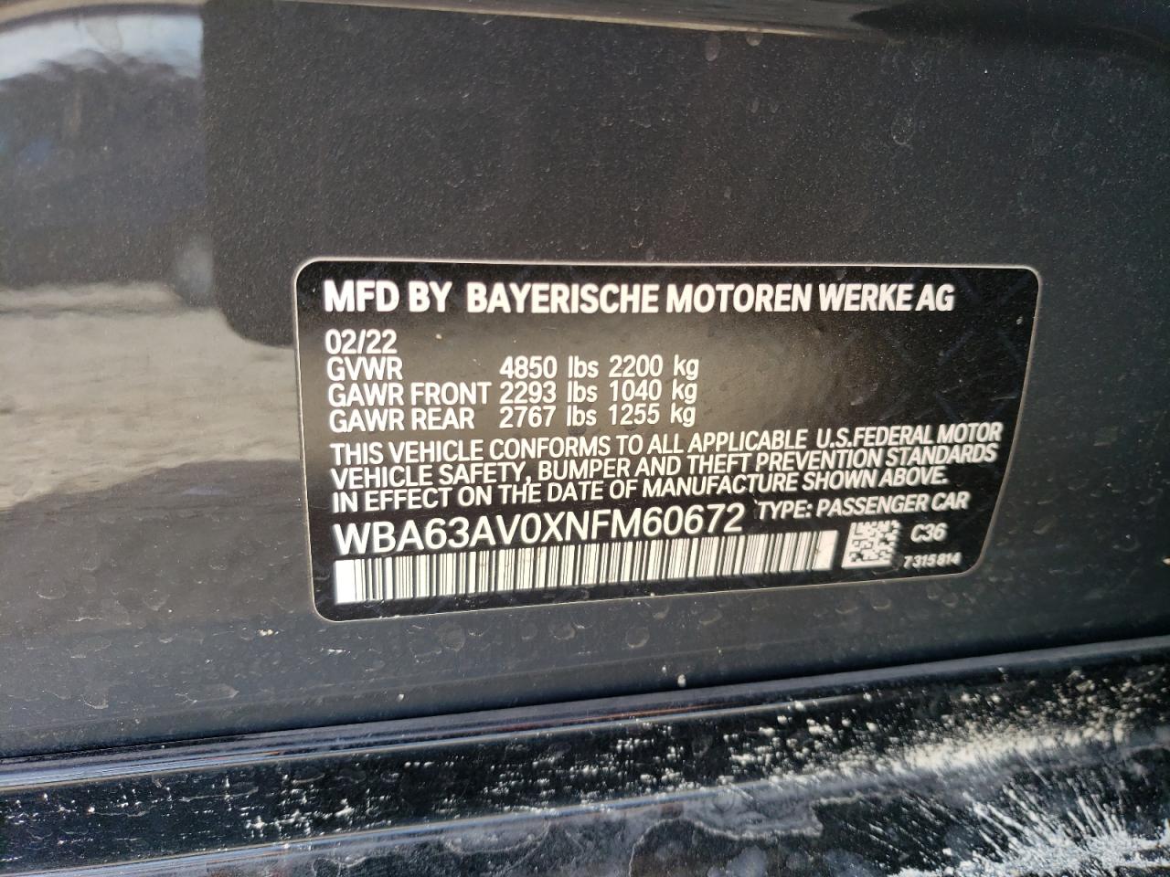 2022 BMW 430I GRAN COUPE VIN:WBA63AV0XNFM60672