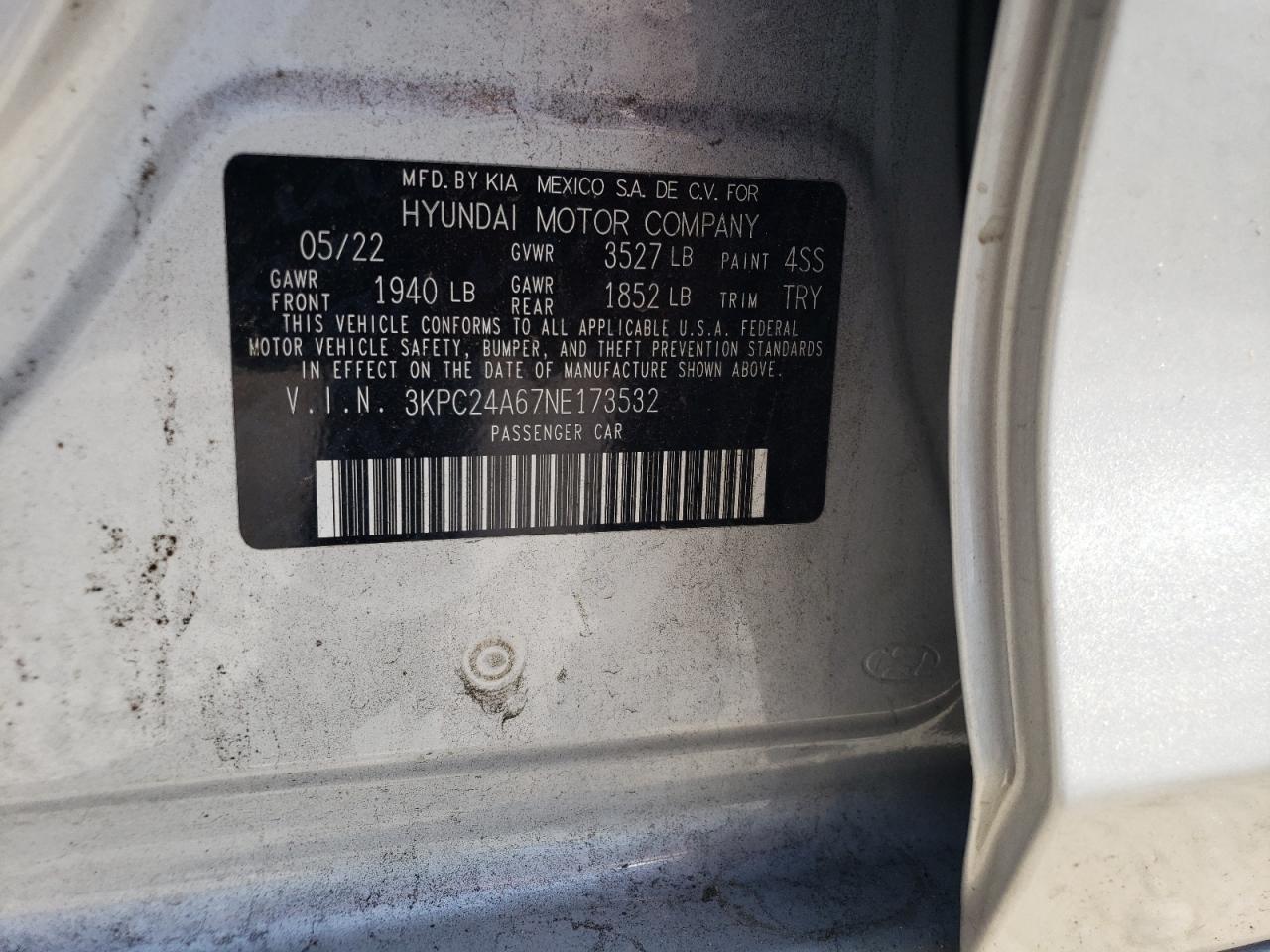 2022 HYUNDAI ACCENT SE VIN:3KPC24A67NE173532