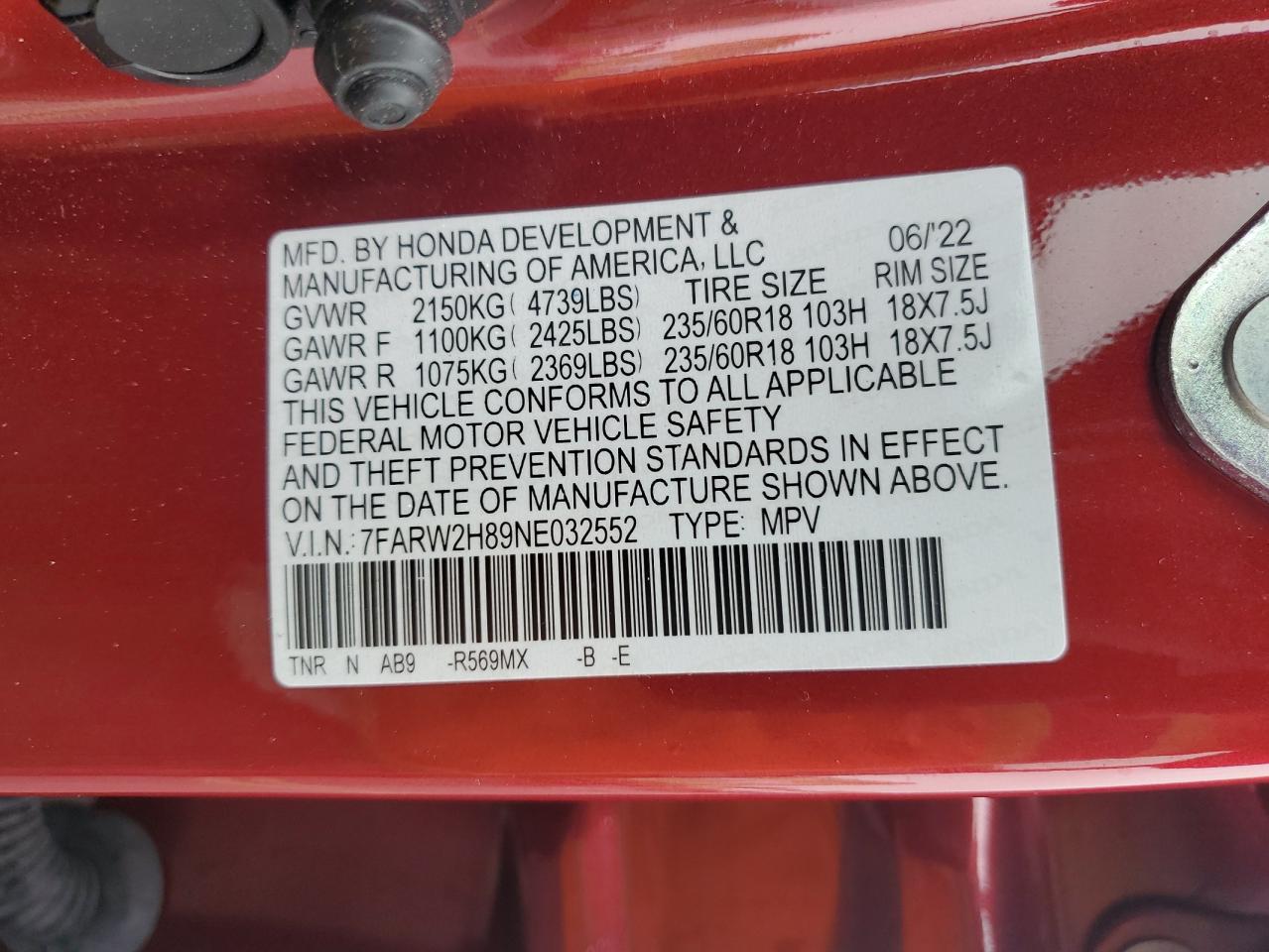 2022 HONDA CR-V EXL VIN:7FARW2H89NE032552