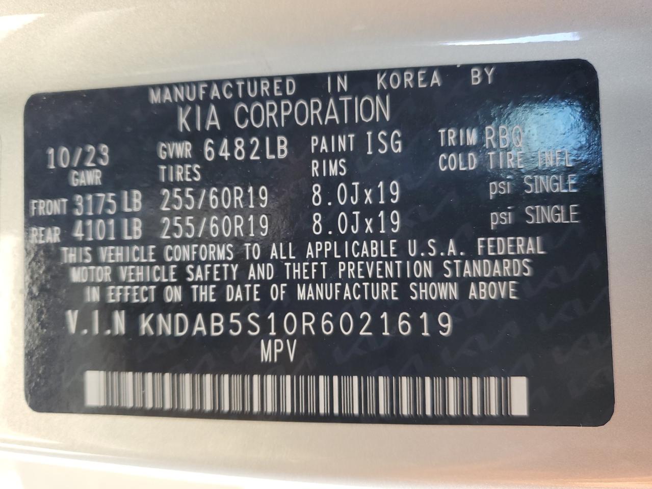2024 KIA EV9 LIGHT VIN:KNDAB5S10R6021619