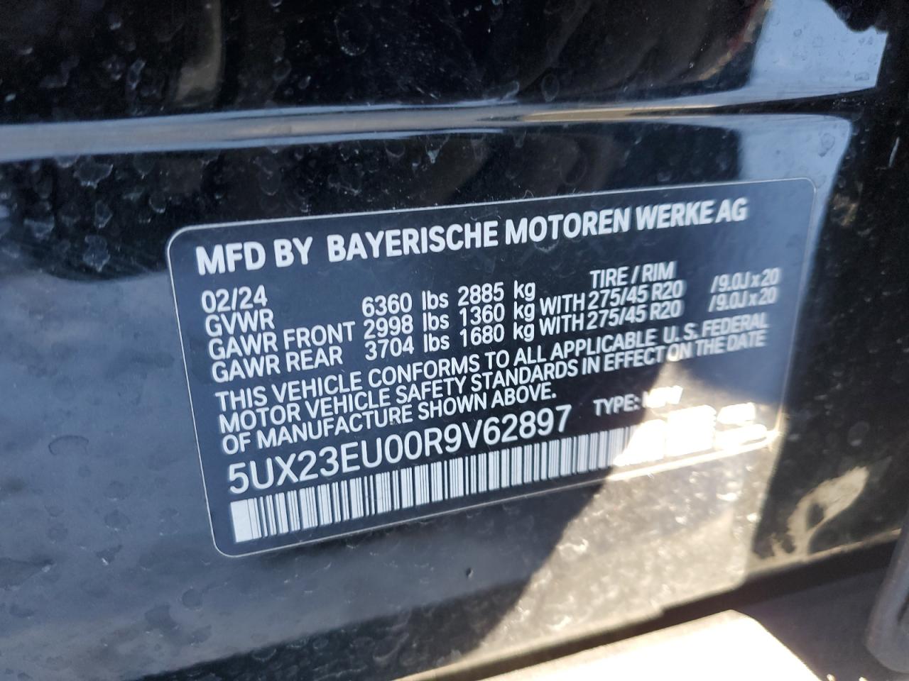 2024 BMW X5 XDRIVE40I VIN:5UX23EU00R9V62897