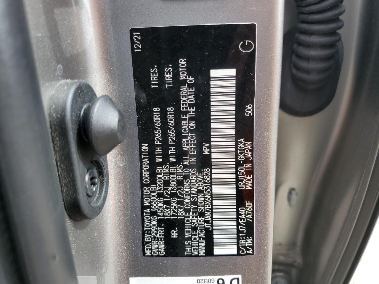 2022 LEXUS GX 460 VIN:JTJAM7BX6N5316828