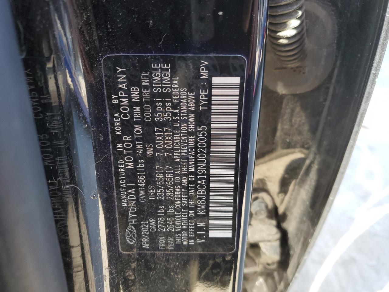 2022 HYUNDAI TUCSON BLUE VIN:KM8JBCA19NU020055