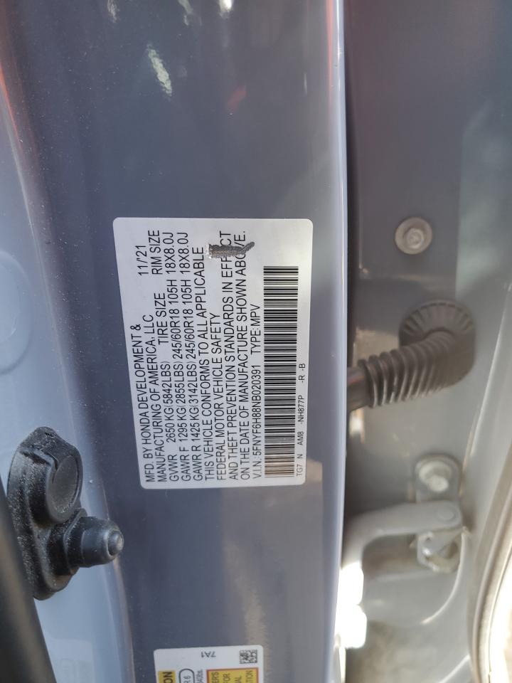 2022 HONDA PILOT TRAILSPORT VIN:5FNYF6H88NB020391