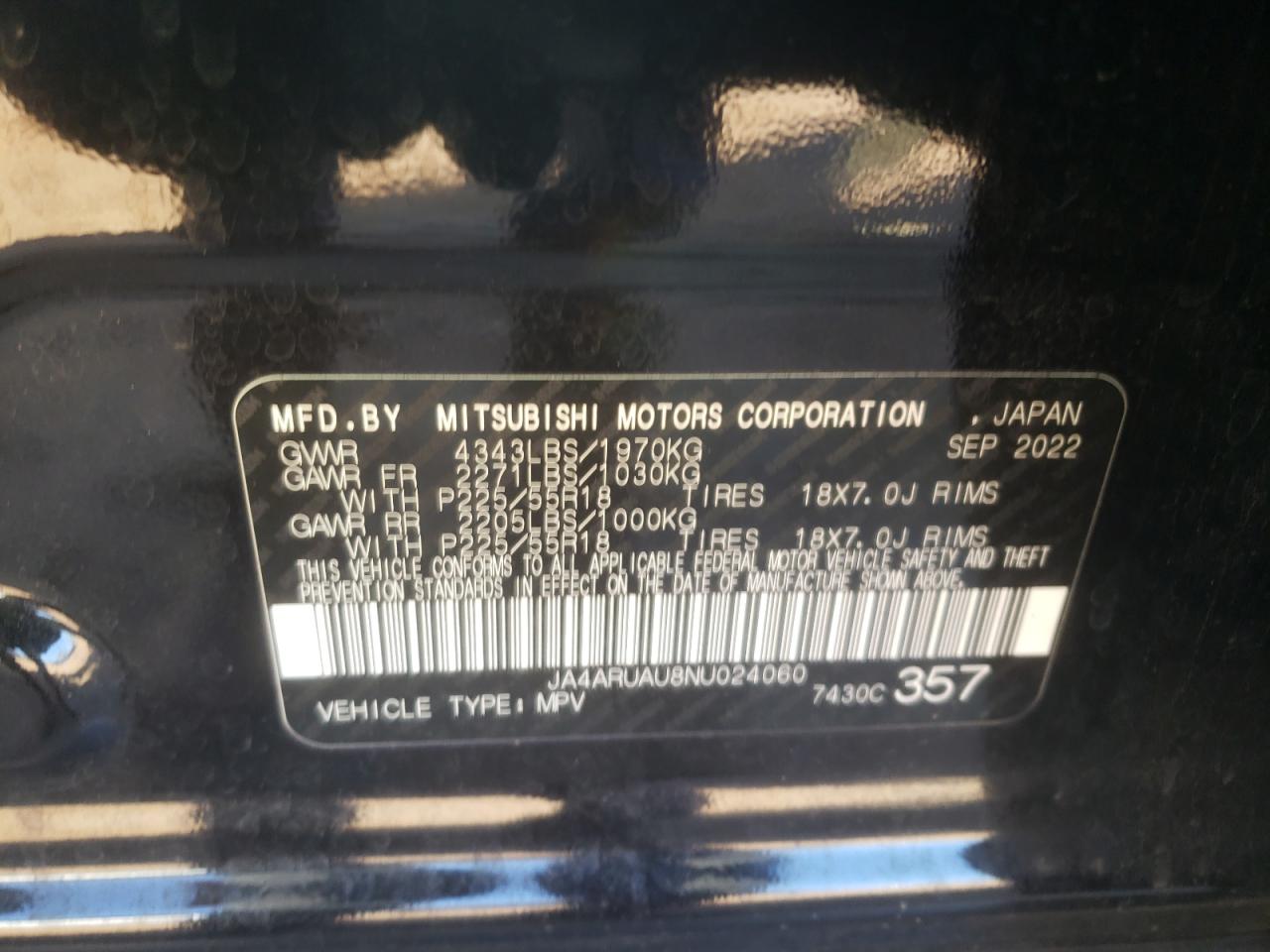 2022 MITSUBISHI OUTLANDER SPORT ES VIN:JA4ARUAU8NU024060