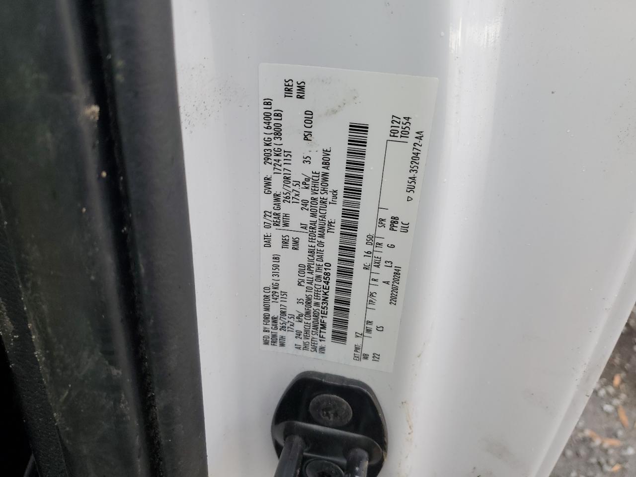 2022 FORD F150  VIN:1FTMF1E53NKE45810