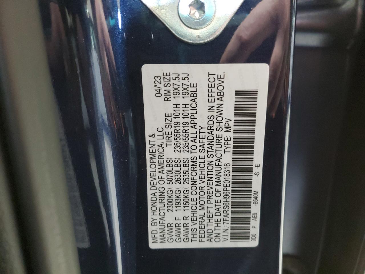 2023 HONDA CR-V SPORT TOURING VIN:7FARS6H96PE018316