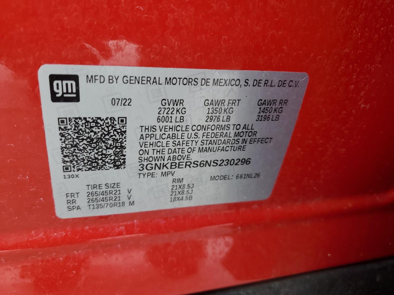 2022 CHEVROLET BLAZER RS VIN:3GNKBERS6NS230296