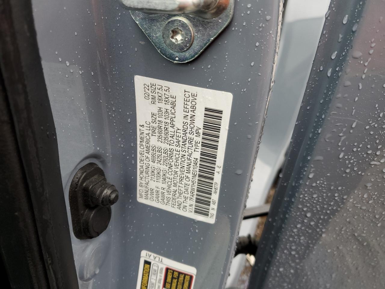 2022 HONDA CR-V EX VIN:7FARW1H51NE010464