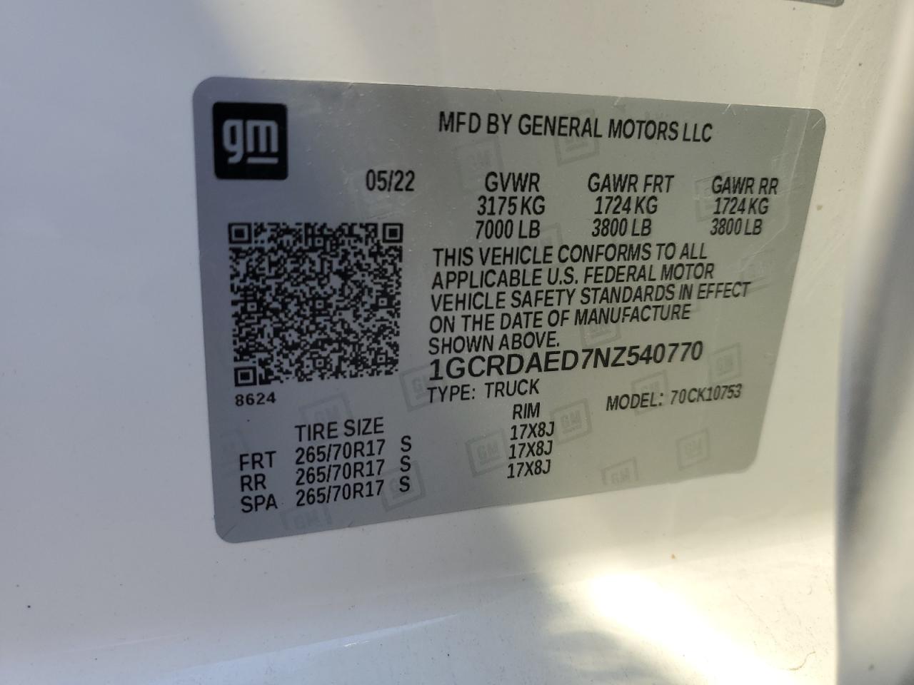 2022 CHEVROLET SILVERADO K1500 VIN:1GCRDAED7NZ540770