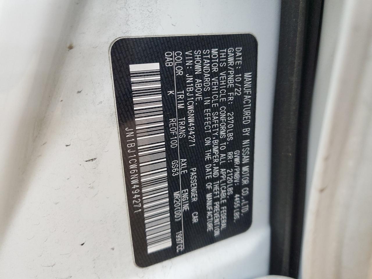 2022 NISSAN ROGUE SPORT SL VIN:JN1BJ1CW6NW494271