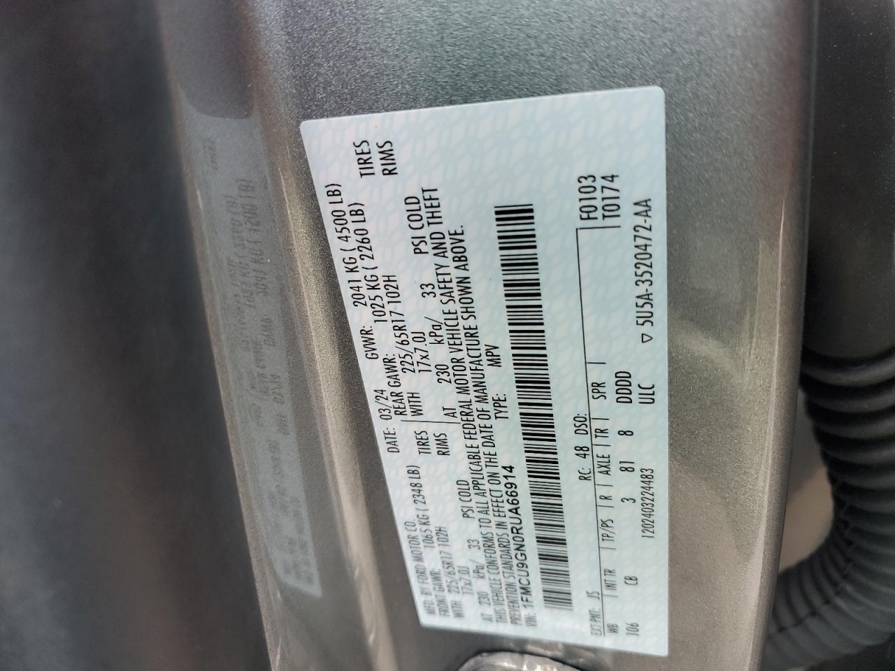 2024 FORD ESCAPE ACTIVE VIN:1FMCU9GN0RUA66914