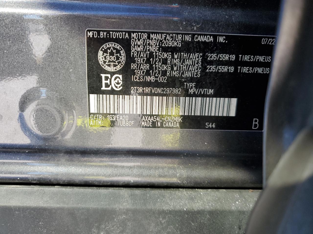 2022 TOYOTA RAV4 XLE VIN:2T3R1RFV0NC297982