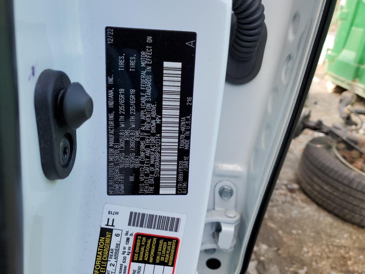 2023 TOYOTA HIGHLANDER L VIN:5TDKDRAH8PS012314