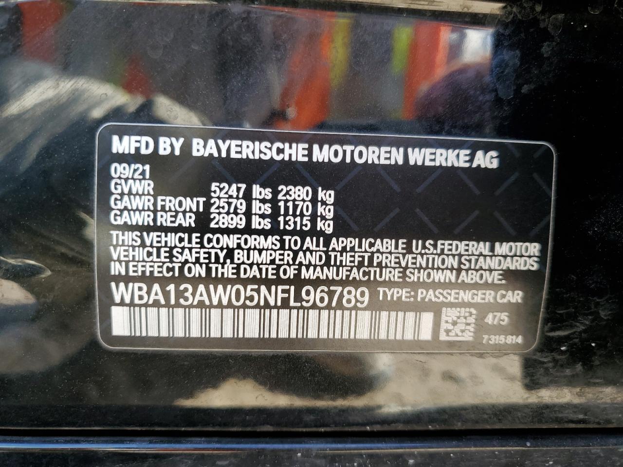 2022 BMW M440XI GRAN COUPE VIN:WBA13AW05NFL96789